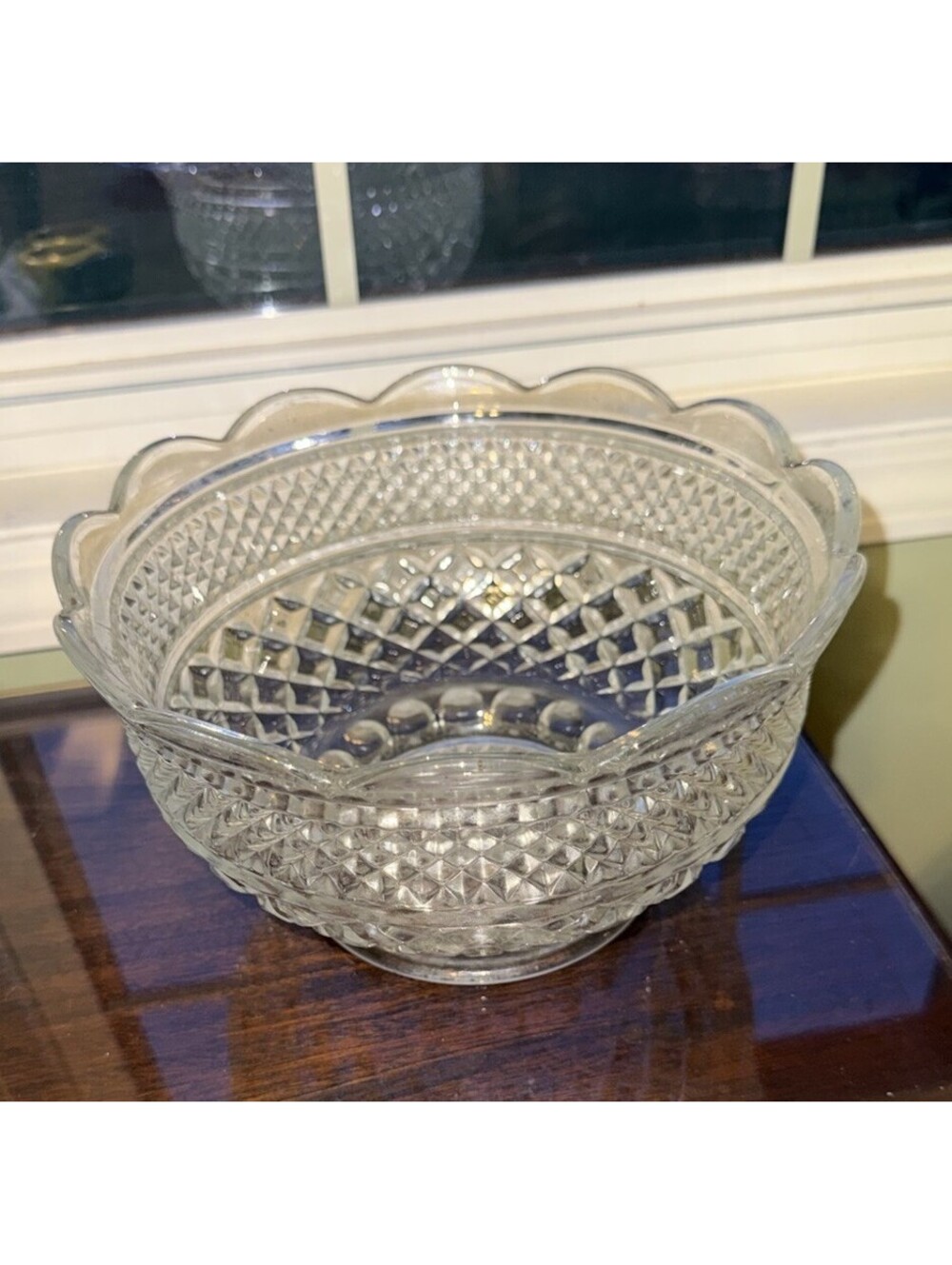 Wexford Anchor Hocking ornate Bowl Footed Glass Center Piece Vtg, grandmacore